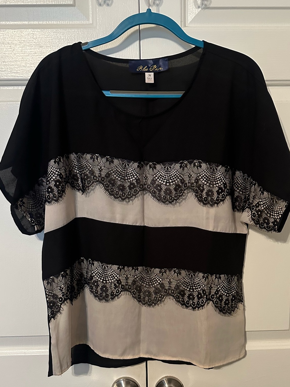 Blue Rain Black and Cream Lace-Trim Short Sleeve Blouse